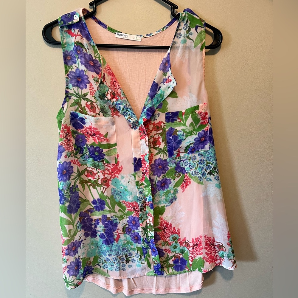 Femme by tresics semi sheer baby pink floral v neck tank top. Size L